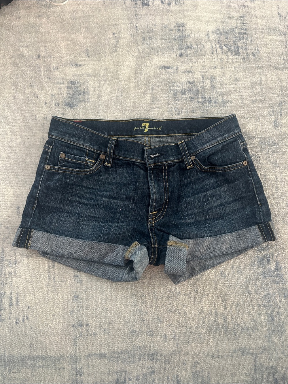 7 For All Mankind Dark Indigo Rolled Cuff Denim Shorts